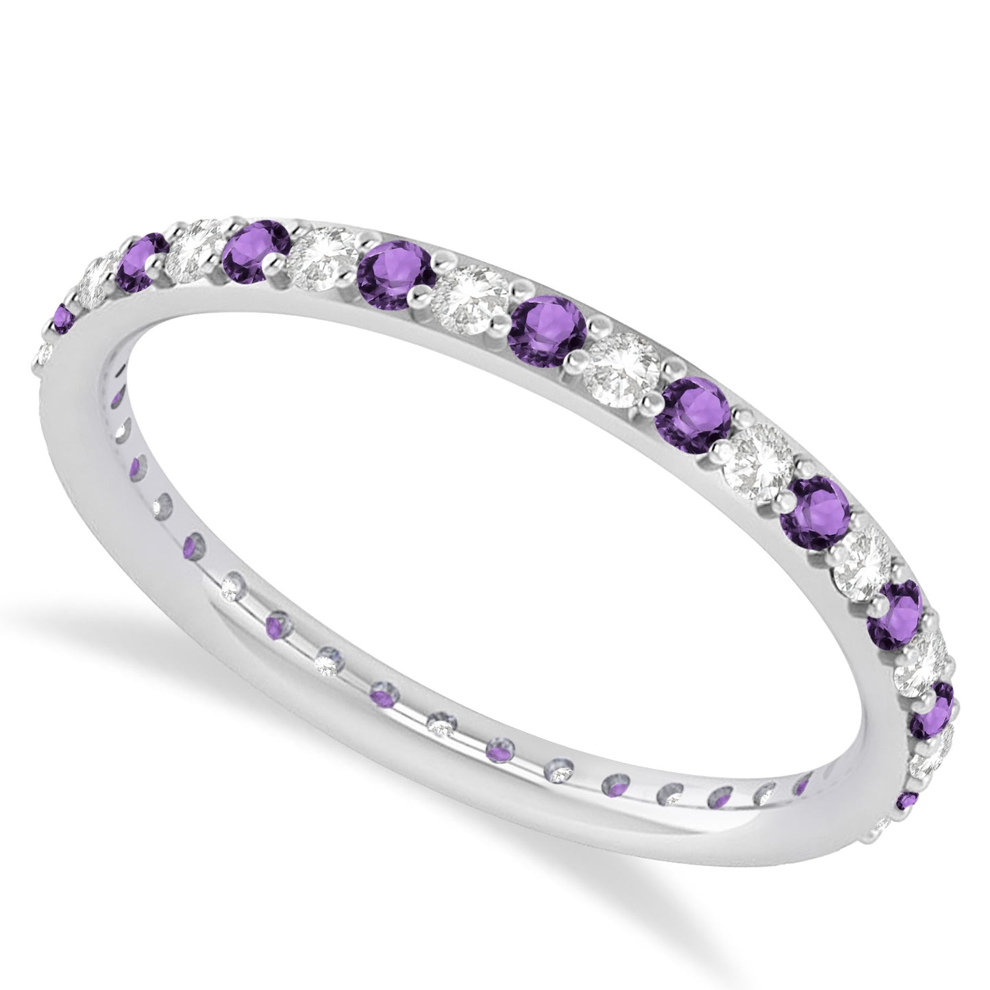 Allurez 0.57 CTW Round#Round Diamond#Amethyst 14 K White Gold Eternity Wedding Band