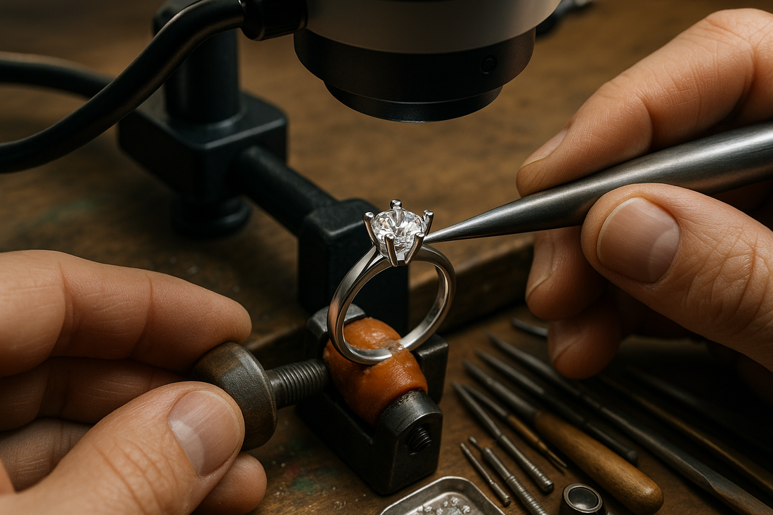 Jeweler inspecting the prongs and setting of a diamond ring